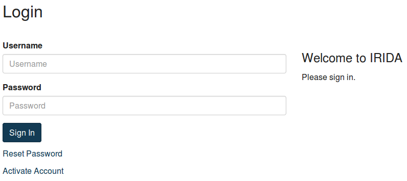 IRIDA Log in page