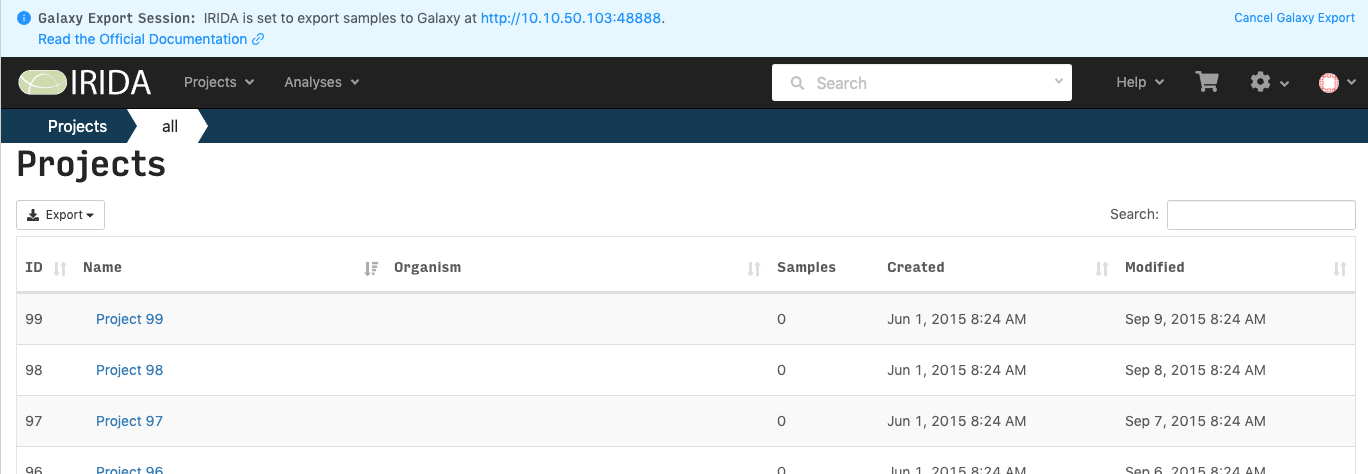 Galaxy IRIDA projects list.