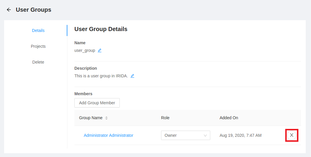 Remove user group member button.