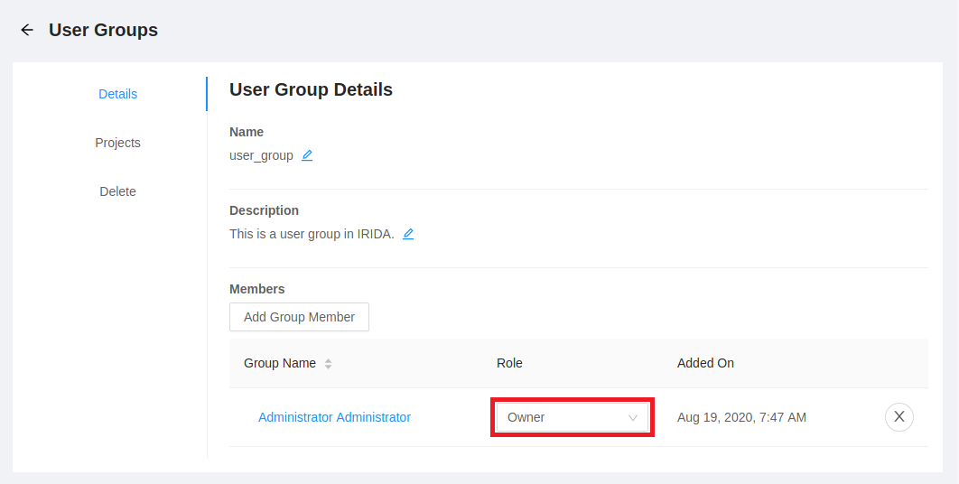 User group role drop-down menu.
