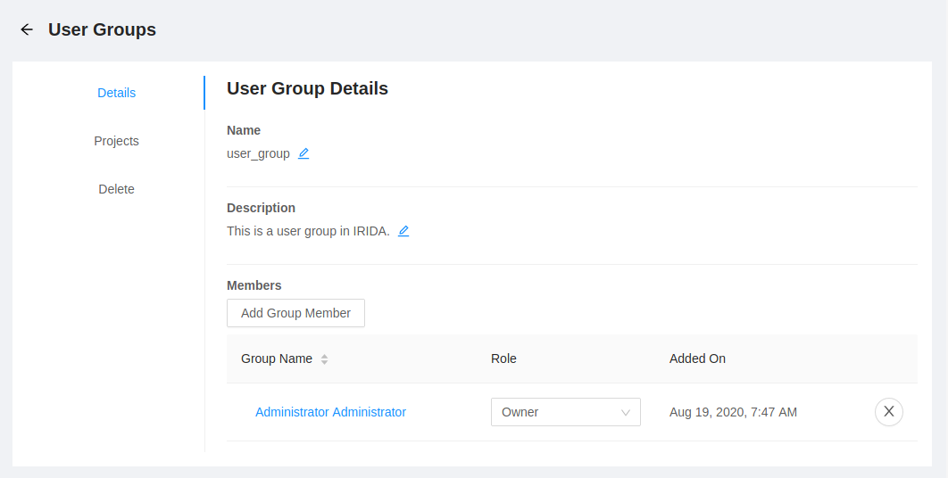 User group details page.