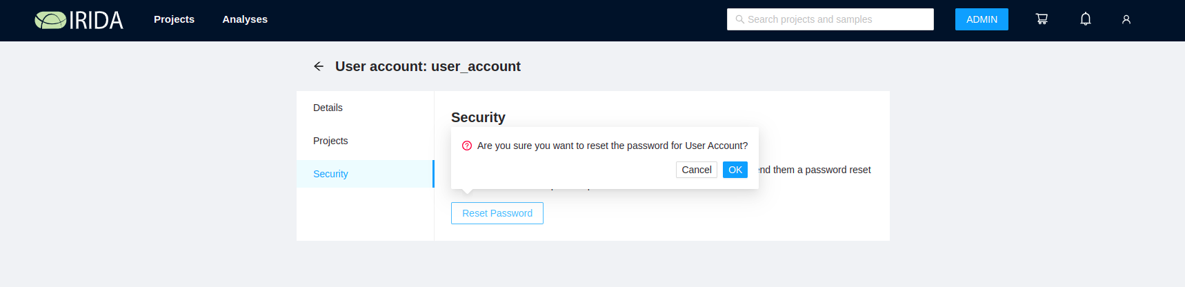 Reset password confirmation dialog.