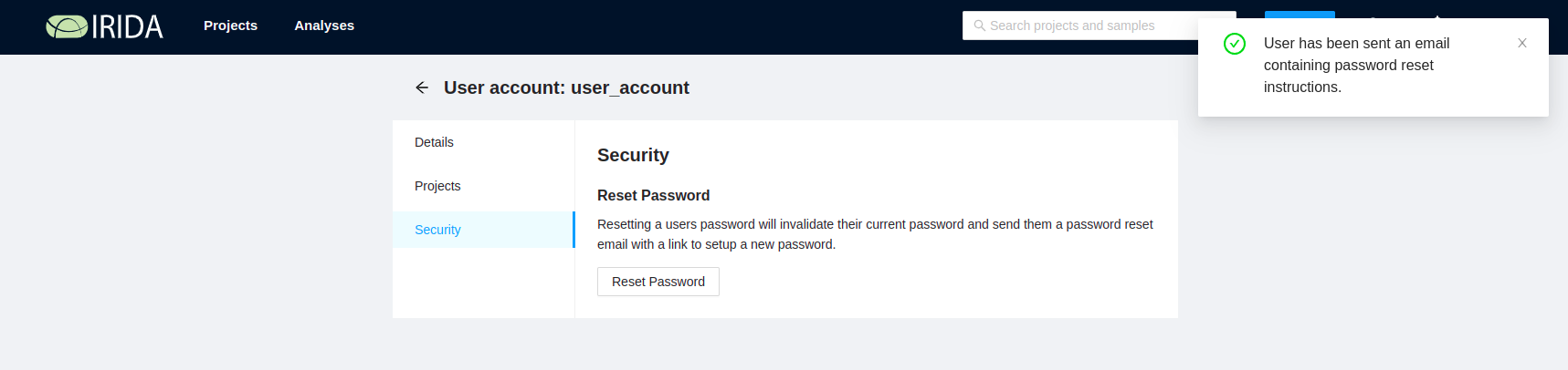 Reset password success notification.