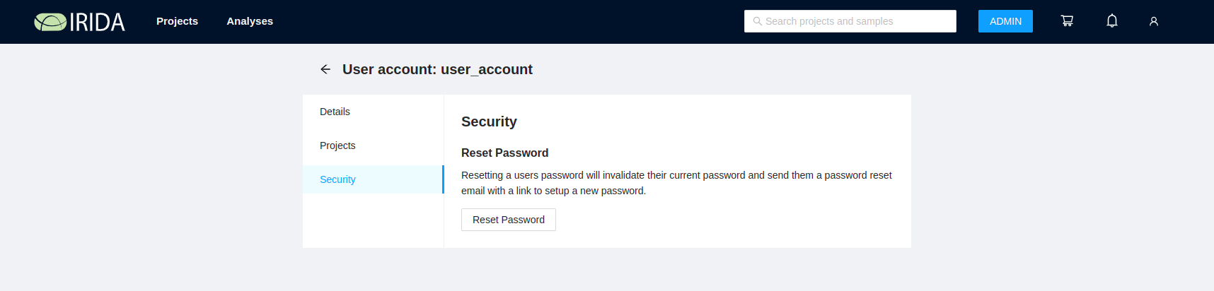 User details reset password button.