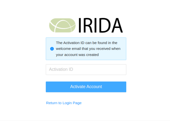 IRIDA activate account page.