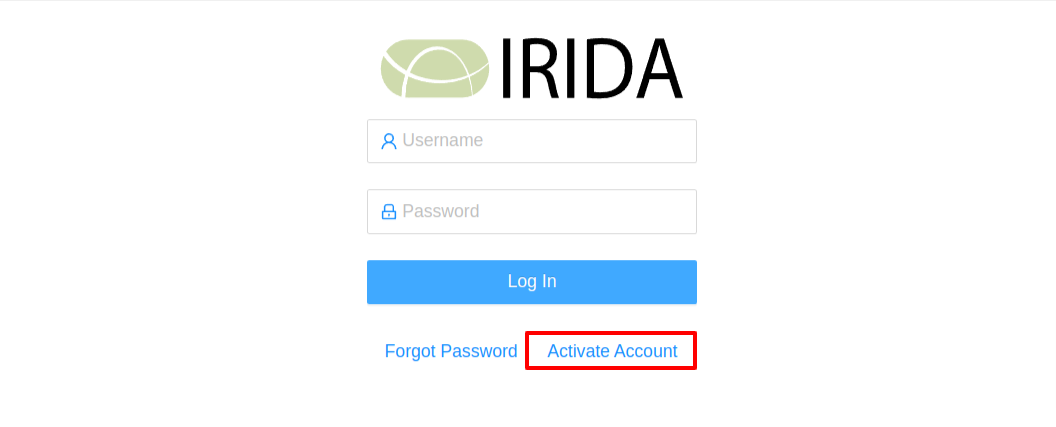 IRIDA login screen, activate highlighted.
