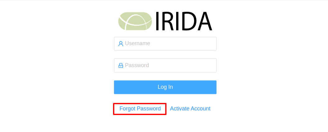 IRIDA login screen, password reset highlighted.