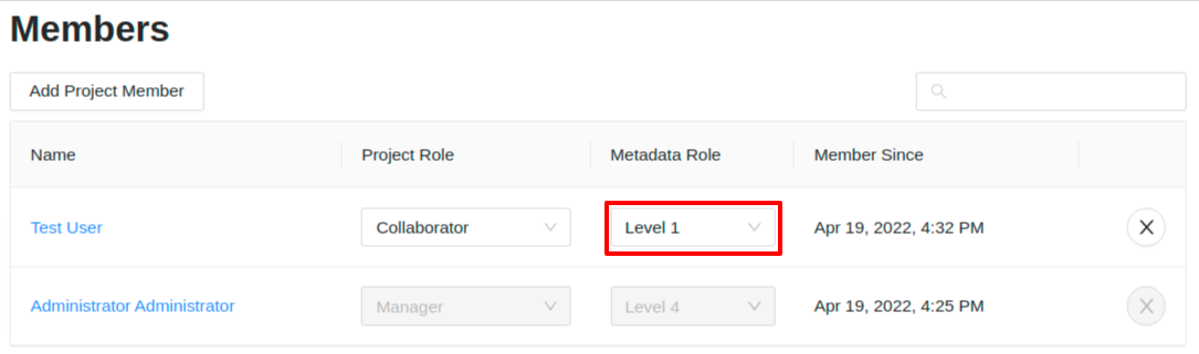 Edit project member metadata role.