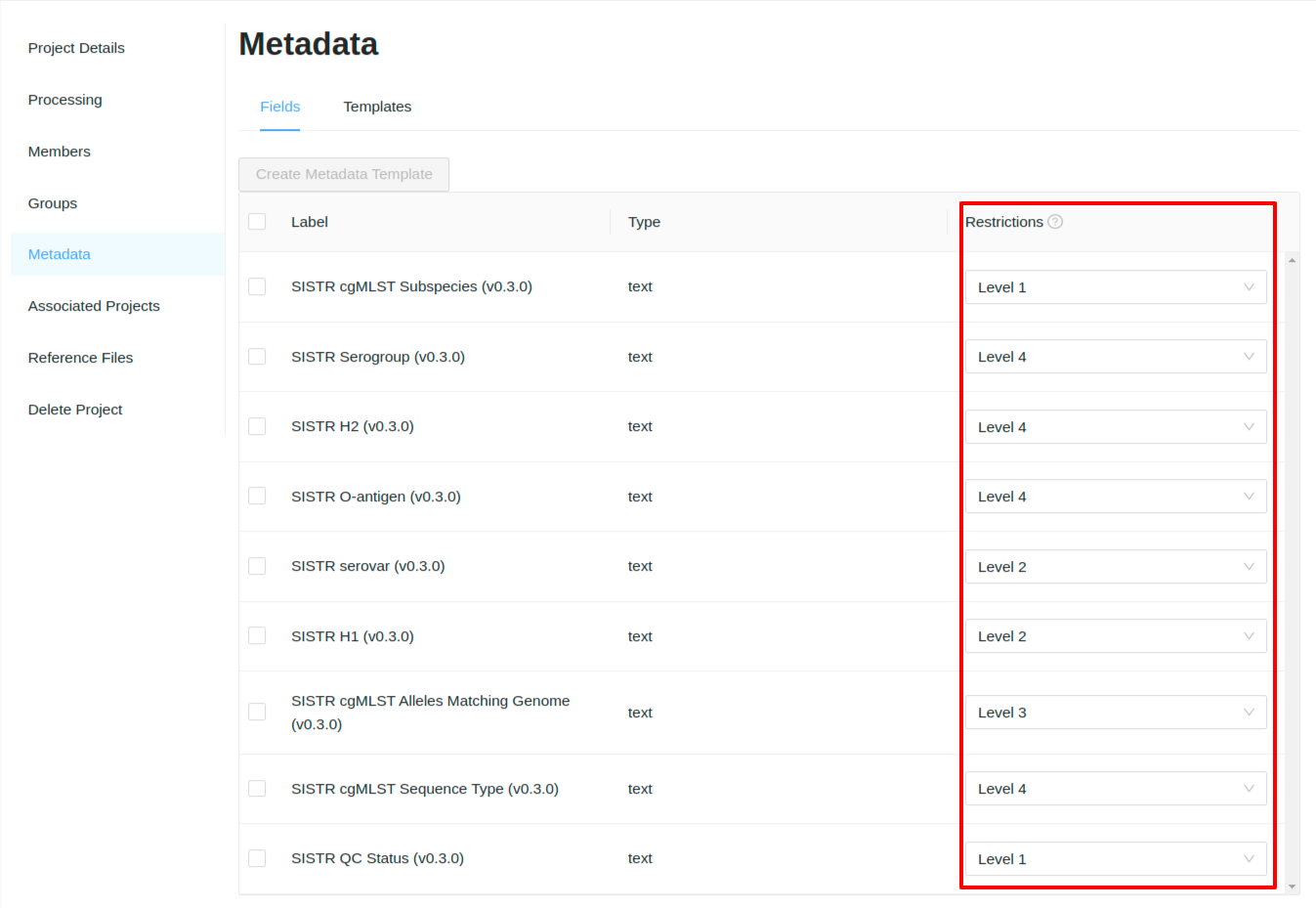 Project sample metadata manager view