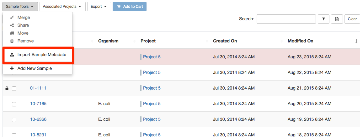 Bulk upload on project sample page under sample tools menu.