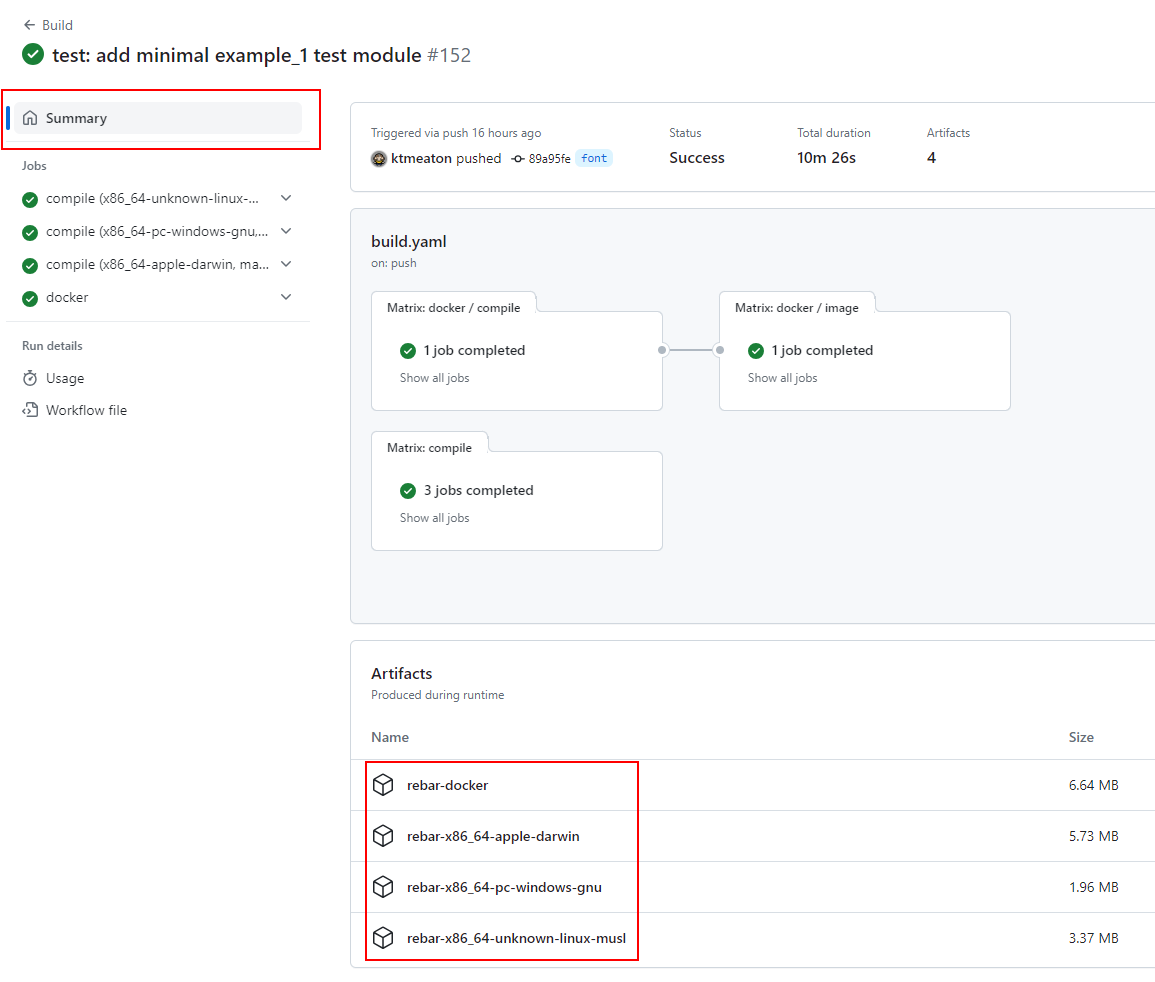 Screenshot of a successful automated build, with a summary tab and download links for compiled binaries.